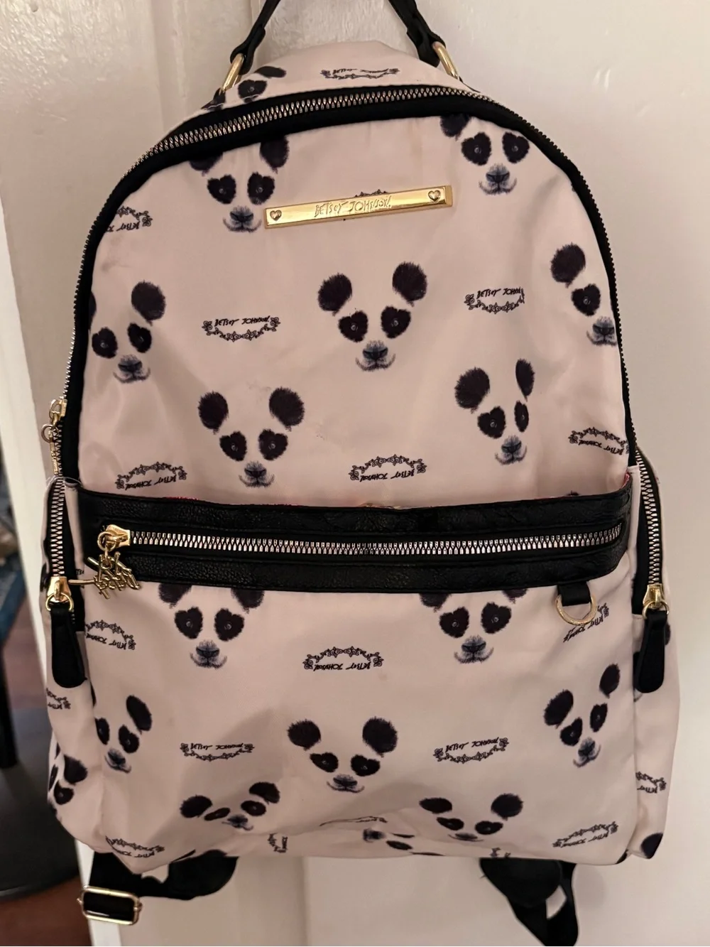 Betsey Johnson Creamy Satin Panda Face Print Backpack with Black Trim